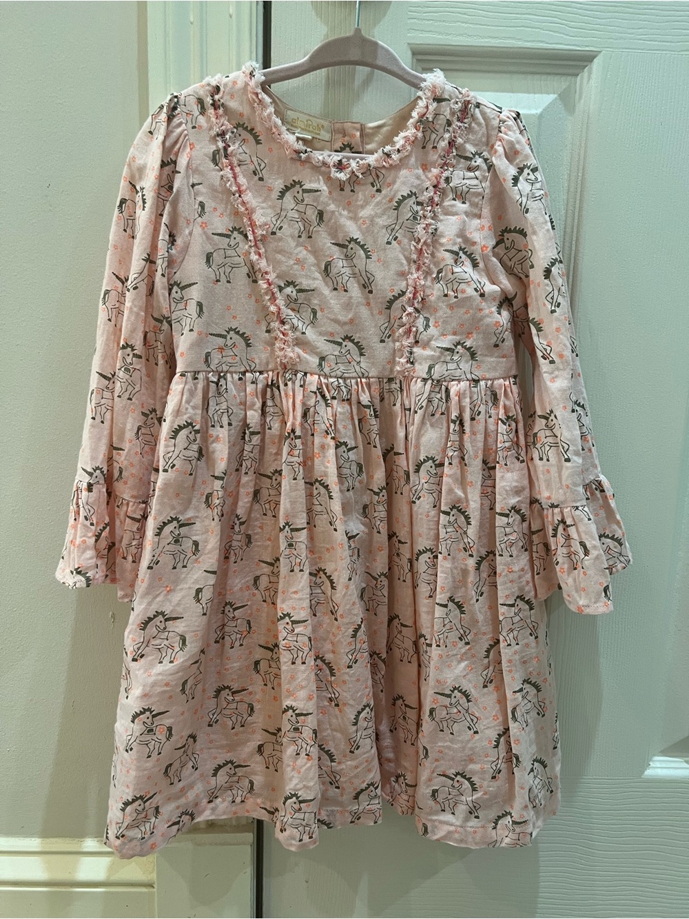 Peachy pink Unicorn Print Long Sleeve Ruffled Dress